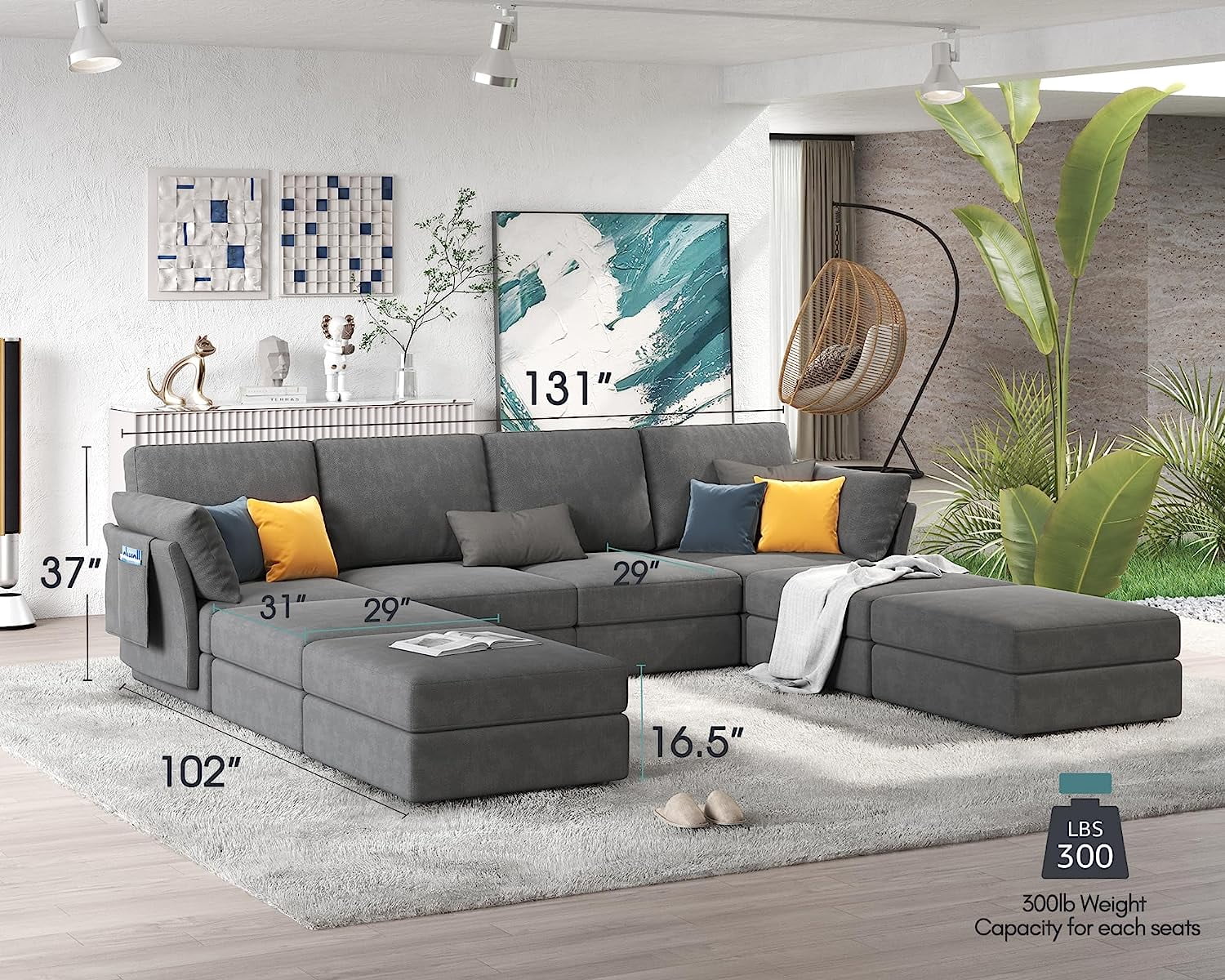 Papajet Modular Sectional Sofa, 6 Seats Oversized Couch with Storage , Ottomans- Chenille Grey