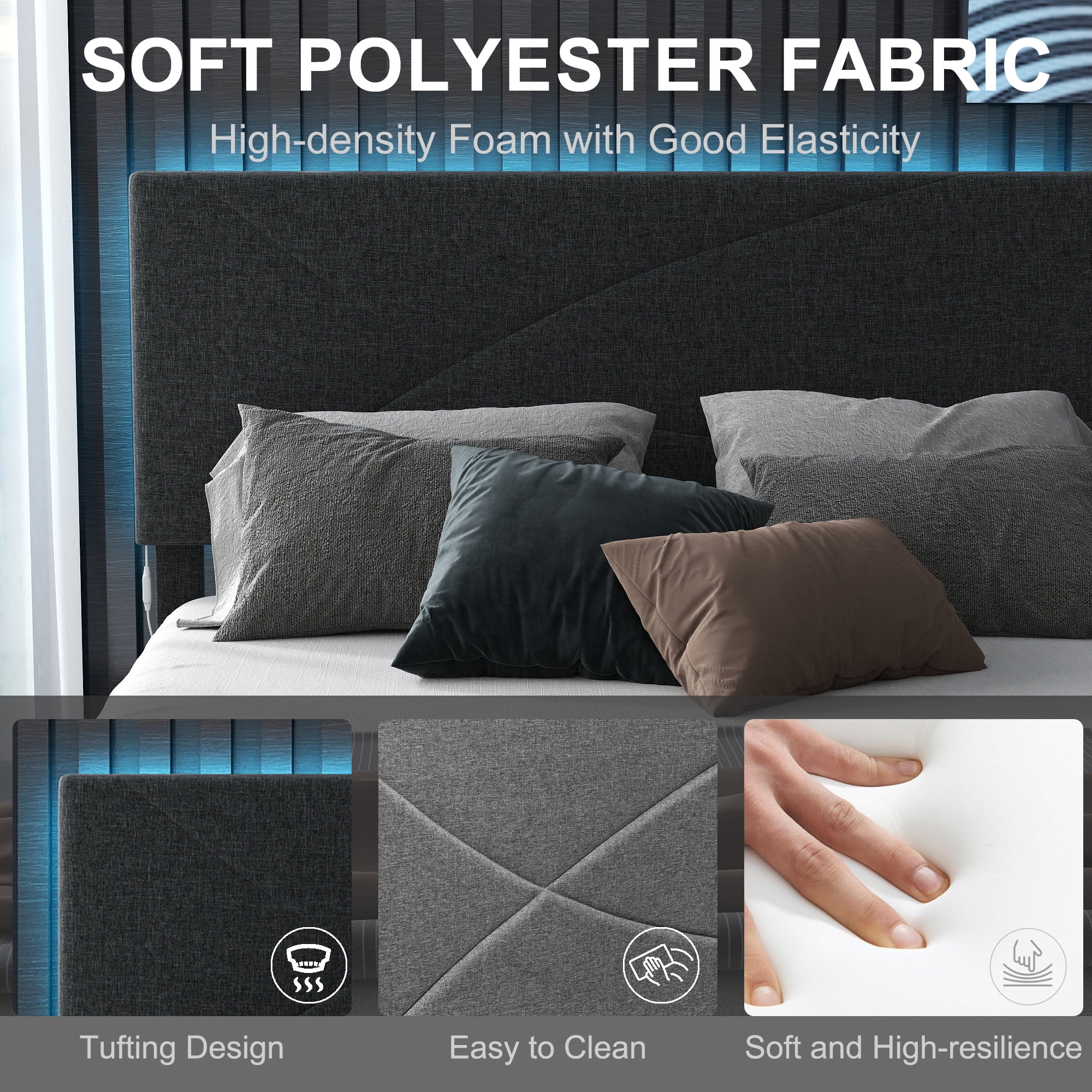 Lit queen-size rembourré Homy Casa avec plateau télé pour chambres élégantes