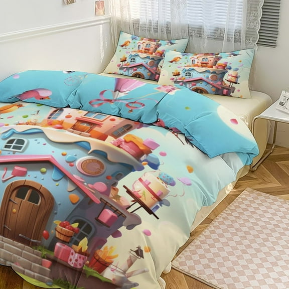 Cartoon Birthday Cake Bedding Set with Zipper Closure for Girls & Boys