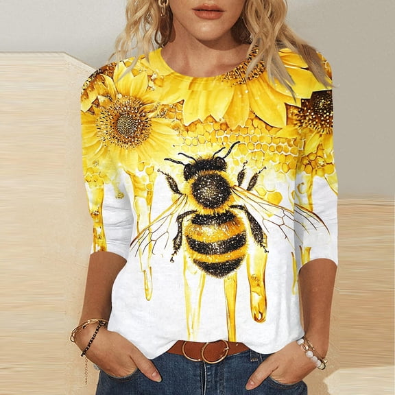 T-shirt for Women Plus Size 3/4 Sleeve Bee Flower Round-Neck Printing Loose Casual Blouses Yellow XXL