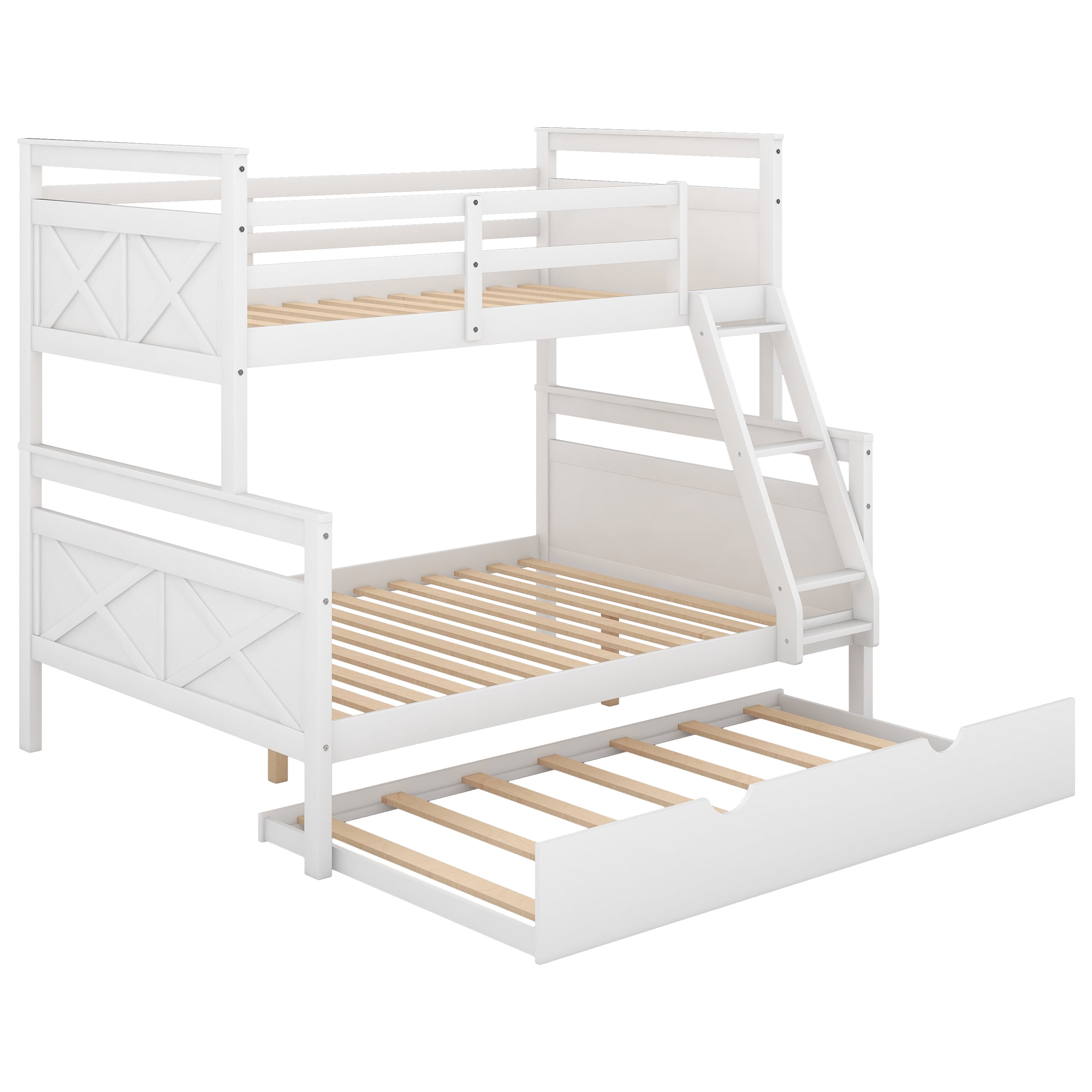 Euroco Wood Twin over Full Bunk Bed with Trundle for Kids Teens & Adults for Bedrooms, White