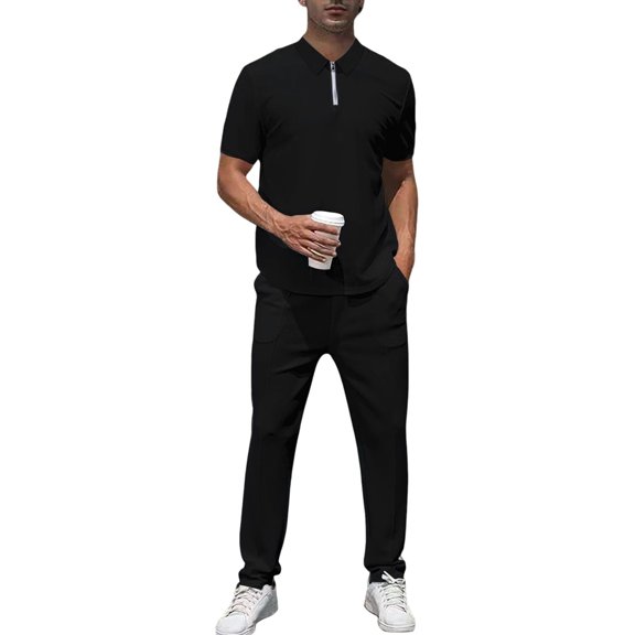 Men's Quarter Zip Short Sleeve Top & Jogger Pants 2 Piece Outfit Black S