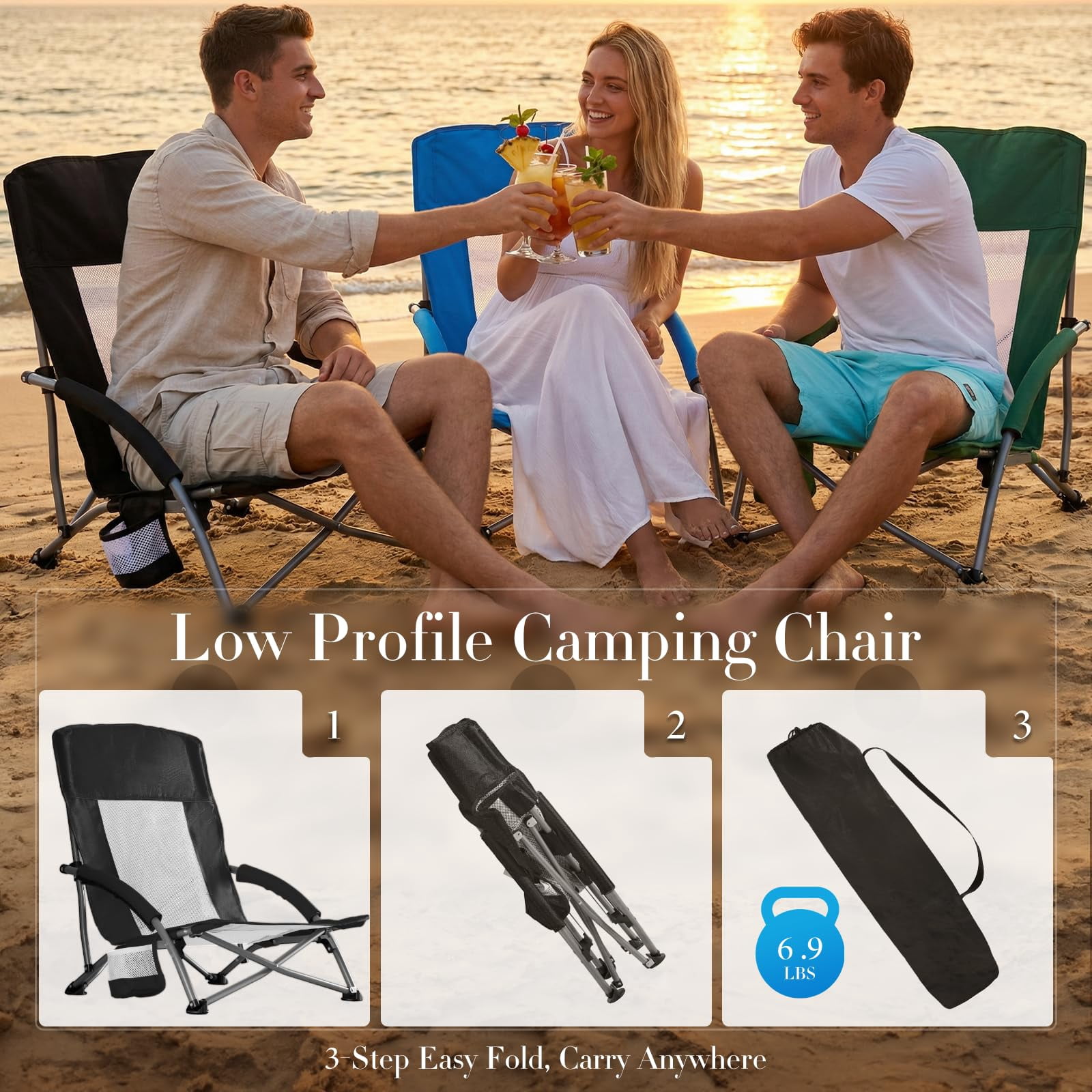 LIFERECORD Light Weight Camping Chairs, Portable Outdoor Folding Beach Chair with Storage Pocket for Beach, Camping Sports, Water Resistant