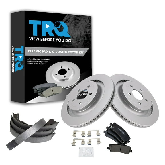 TRQ Rear Brake Pad & Rotor Kit Brake Pads Brake Rotor Parking Brake Shoe Set Ceramic Premium G-Coated Fits Select 2015-2018 Ford Mustang