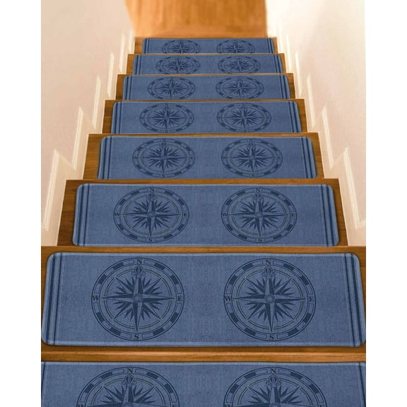 Nautical Compass Stair Treads for Wooden Steps Indoor Runner Rug Carpet, Navy Blue Striped Coastal Compass 4 Pieces Peel and Stick Staircase Step Treads Covers Washable Throw Door Mats, 30"x8"