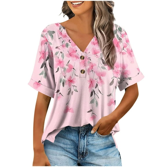 Your-Sty Button V Neck T Shirts for Women Rolled Short Sleeve Loose Fit Casual Summer Tops Tee Shirts