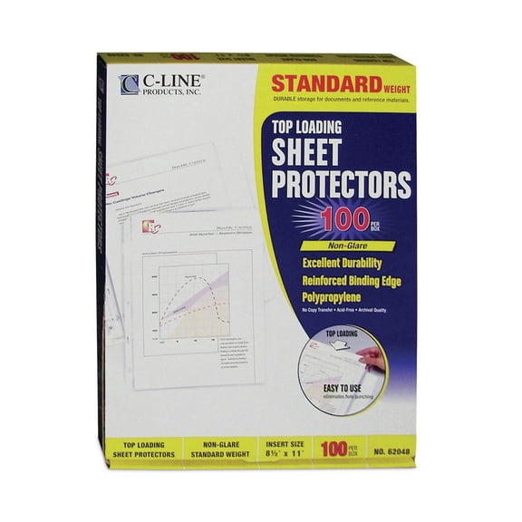 C-Line 62048 11 in. x 8.5 in. Standard Weight Non-Glare Polypropylene Sheet Protectors - Clear (100/Box)