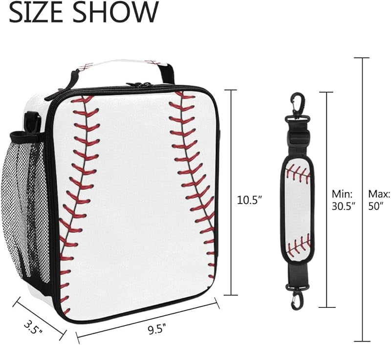 Lunch Box Bag Baseball Lace Sport Lunchbox Insulated Thermal Cooler Ice Adjustable Shoulder Strap for Women Men