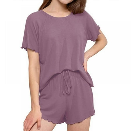 

Women s Summer Pajama Set Round Neck Short Sleeve Top and Ruffle Shorts Sleepwear Lounge Set