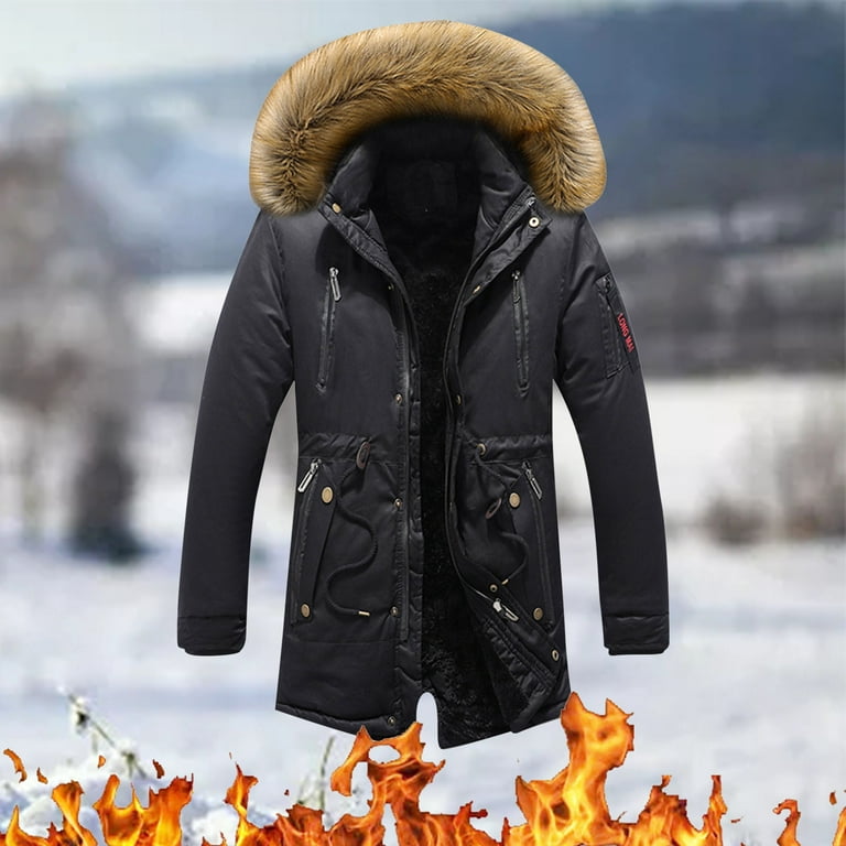 GHSOHS Mens Coats Winter Warm Padded Heavyweight Windproof Parka Large Size  Lined Cotton Long Jacket Hooded Outerwear(Black,L)