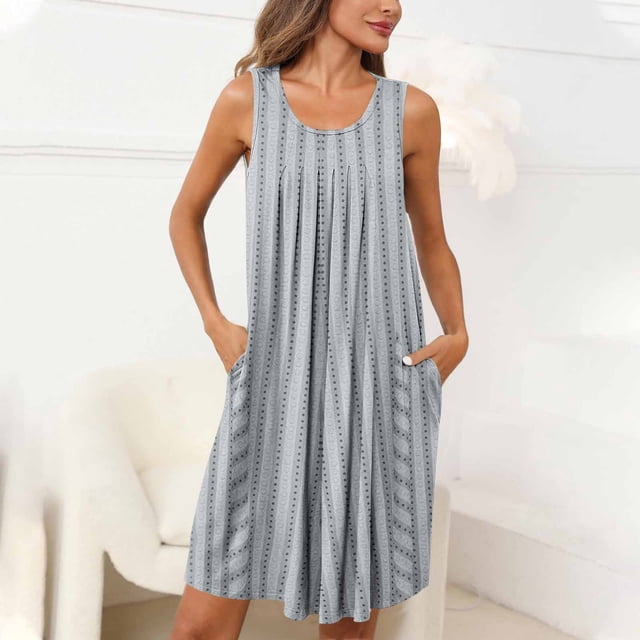 Sakmal Robe de Nuit avec Poches pour Femmes Grande Taille Débardeurs de Sommeil Robe de Maison Sans Manches Gris Débardeurs de Sommeil