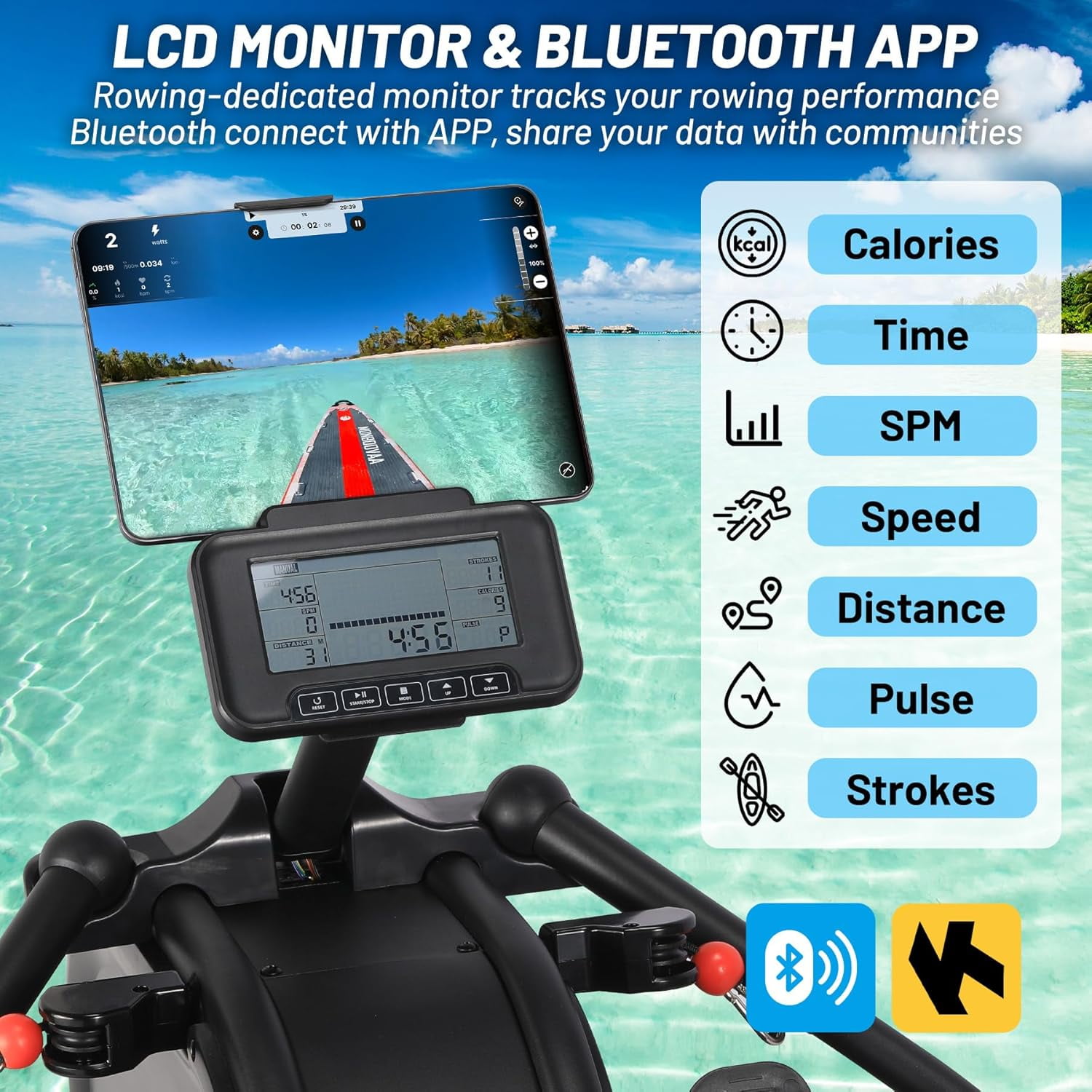 Rowing Machine Workout, Rowing Exercise Machine, 16 Levels Adjustable Dual Resistance, LCD Monitor, Dual Slide Rail, Magnetic Rowing Machine for Home Use, App Compatible, 350 LB Weight Capacity