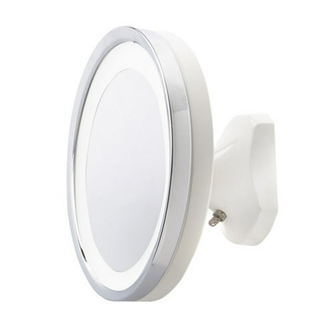 Jerdon 9.75 inch Diameter LED Lighted Wall-Mount Mirror with 5X Magnification & Pivot Wall-Mount Arm Chrome/White Finish Direct Wire – Model HL95WL