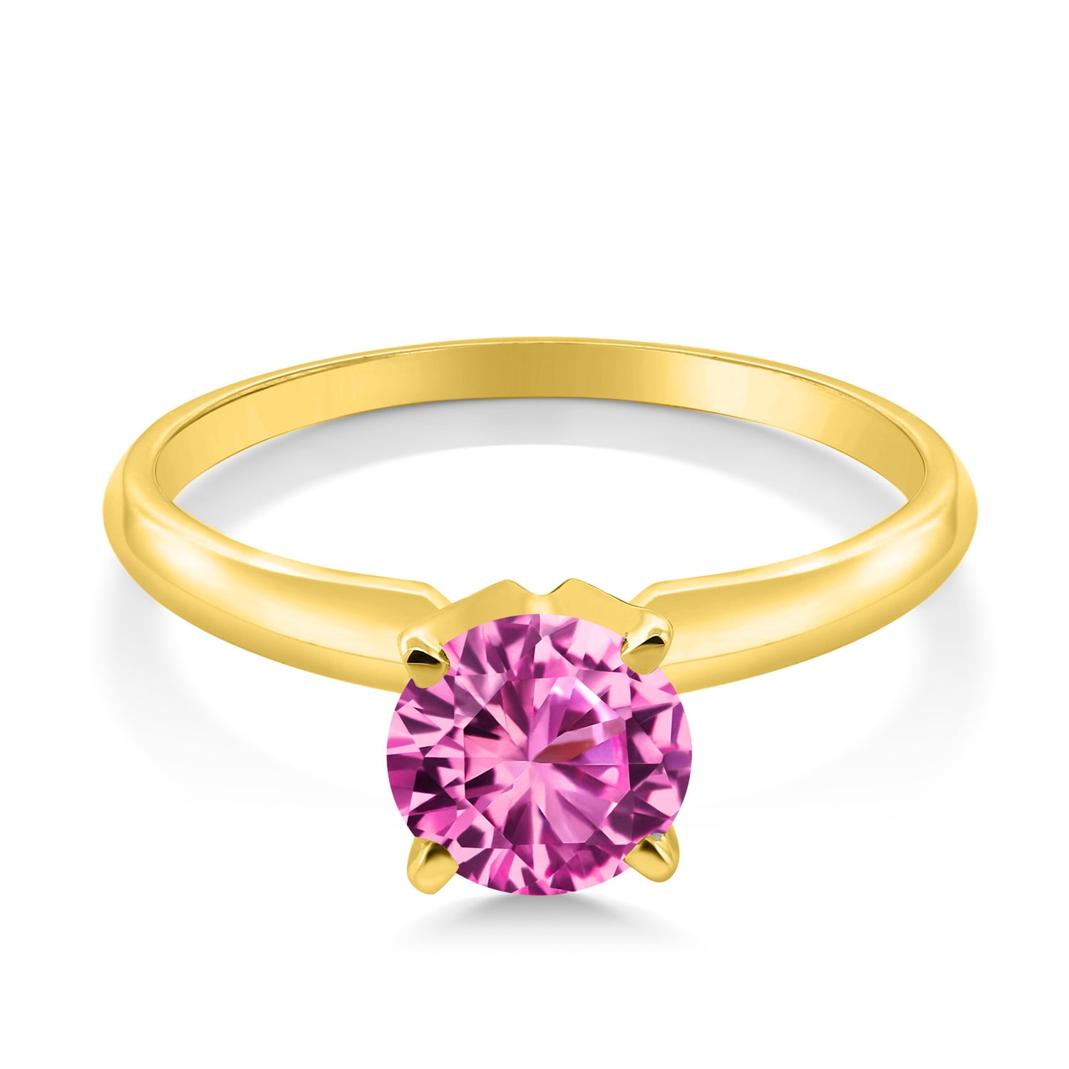 Gem Stone King 14K Yellow Gold Pink Created Sapphire Solitaire Engagement 4-Prong Ring for Women | 1.00 Cttw | Round 6MM | Gemstone September Birthstone (Size 5)