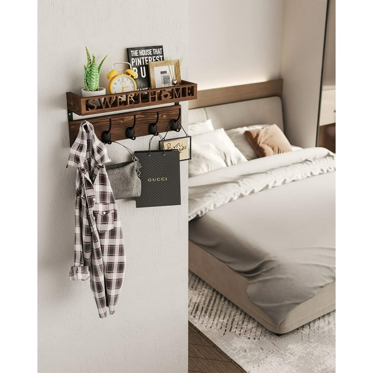 SWTYMIKI Coat Rack Wall Mount with Shelf Sweet Home Decoration Coat Hooks Wall Mount with 5 Metal Hooks Wood Wall Coat Hanger for Hanging Hats