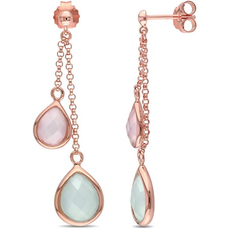 Tangelo 5 Carat T.G.W. Green and Pink Chalcedony Rose Rhodium-Plated Sterling Silver Multi-Pear Dangle Earrings