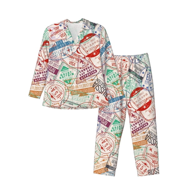 Fotbe Passport Stamp Pijama de Hombre con Estampado de Manga Larga, Conjunto de 2 Piezas, Ropa de Dormir Suave y Cómoda con Bolsillos-Large