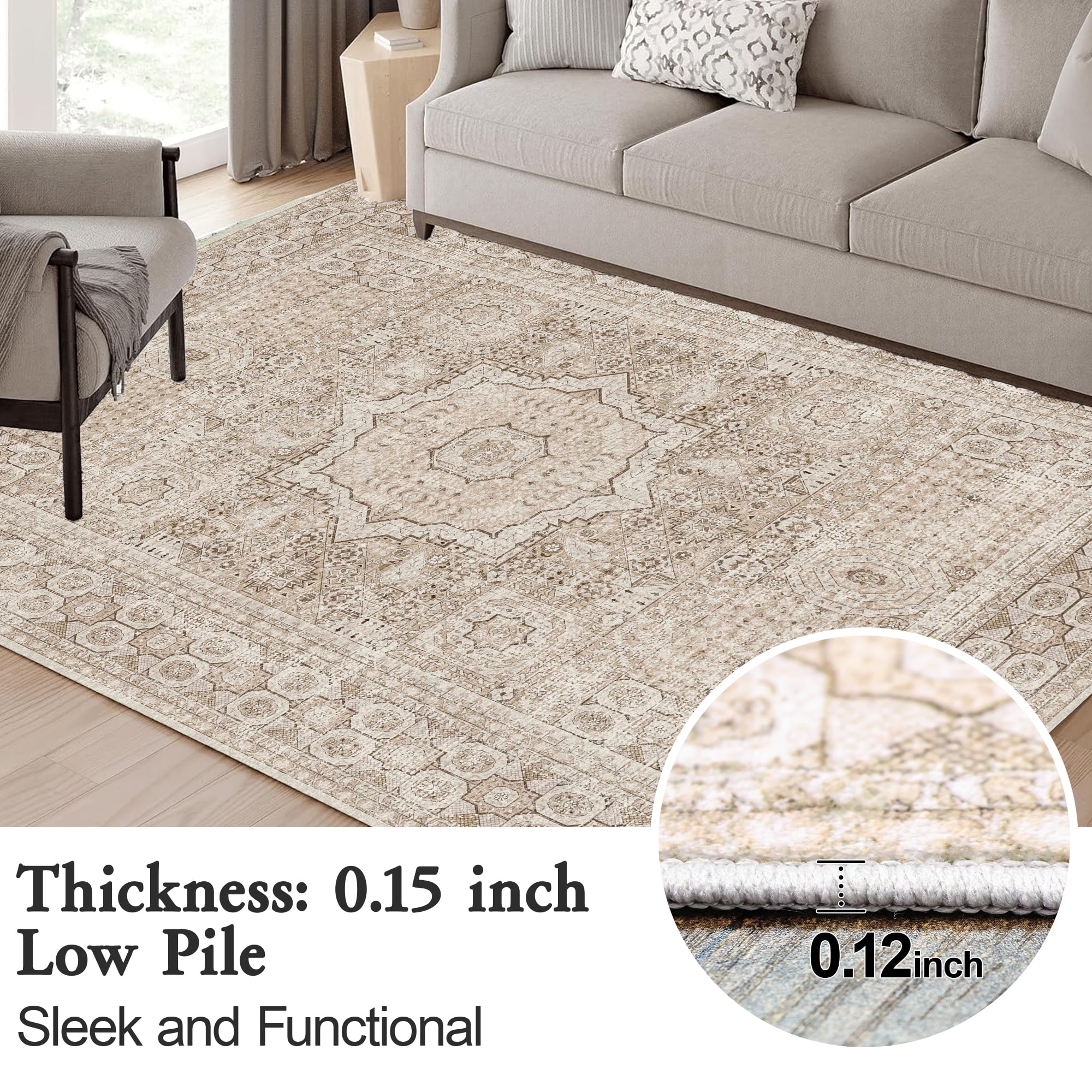 Dowellia Area Rugs for Living Room 8'x 10' Machine Washable Vintage Print Large Throw Non Slip Bedroom Rugs, Brown