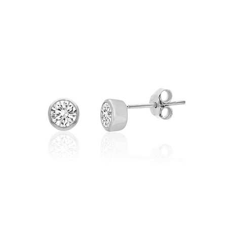 Nadri Bezel Earrings - Round Genuine Cubic Zirconia Bezel Post Earrings in Sterling Silver