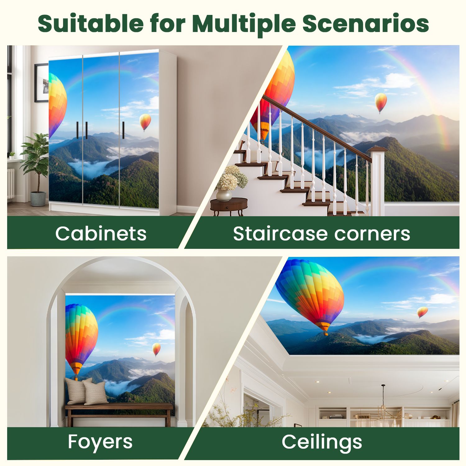 Peel and Stick Wallpaper Colorful Hot Air Balloons Floating Green Mountains Rainbow Blue Sky Modern Art Wall Mural Decor Self Adhesive and Removable 100in x 144in