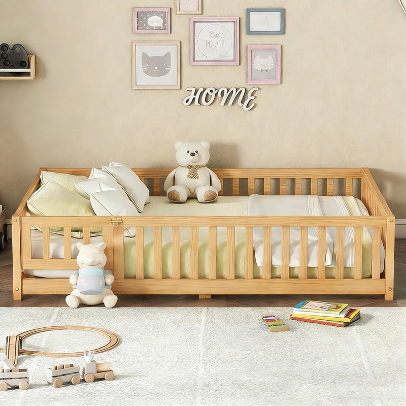 Montessori Bed with Rails, Full Size Floor Bed with Door & Slats Support, Wood Playhouse Bed with Fence, No Box Spring Needed,Natural
