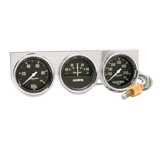 Auto Meter 2395 Autogage Black Oil/Amp/Water Gauge Chrome Console