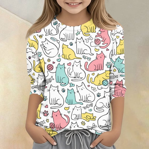 CCRFTGI Cute Shirts for Girls Size 6 Summer 3/4 Sleeve Animal Print Tee Shirts Trendy Soft Lightweight Clothes for Teen Girls Crew Neck T-Shirts Pink 12-13 Years