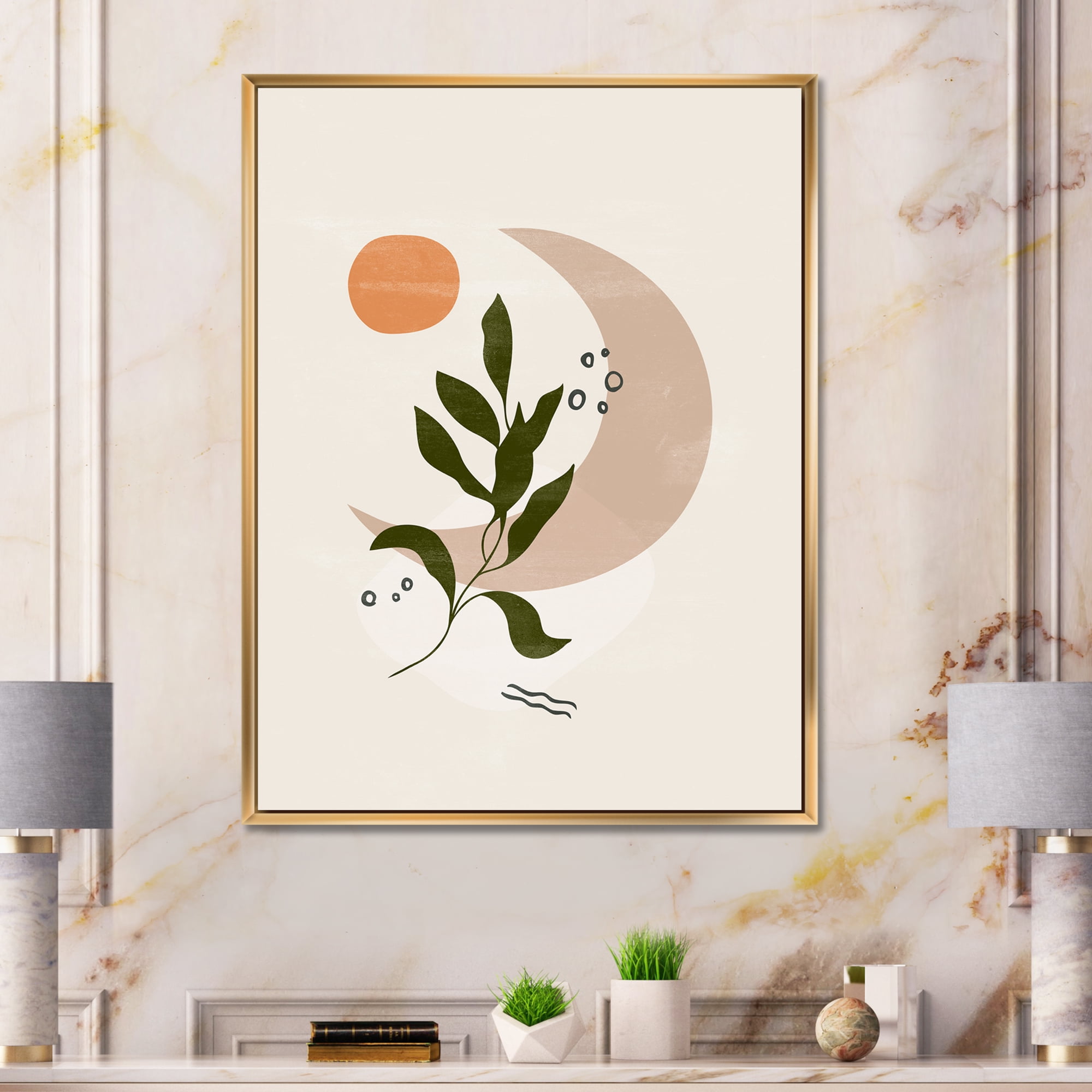 Designart 'Abstract Geometrical Leaf With Moon I' Modern Framed Canvas Wall Art Print