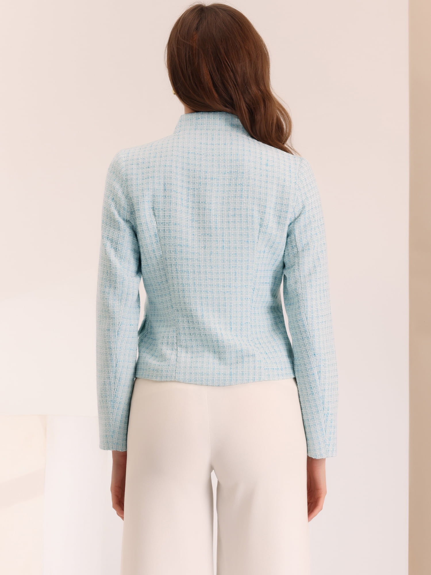 DARING DIVA Women's Plaid Tweed Button Down Short Jacket M Light Blue
