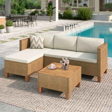MF Studio 3-Piece Patio Furniture Set, All-Weather Rattan Outdoor Conversation Set, Outdoor Sectional Sofa Set with Table & Cushions, Beige
