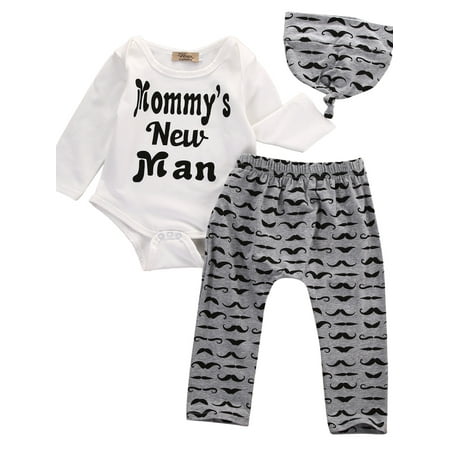 

Ma&Baby Newborn Baby Boys 3Pcs Clothes Set Long Sleeve Letter Print Romper Bodysuit Pant+Beanie Hat