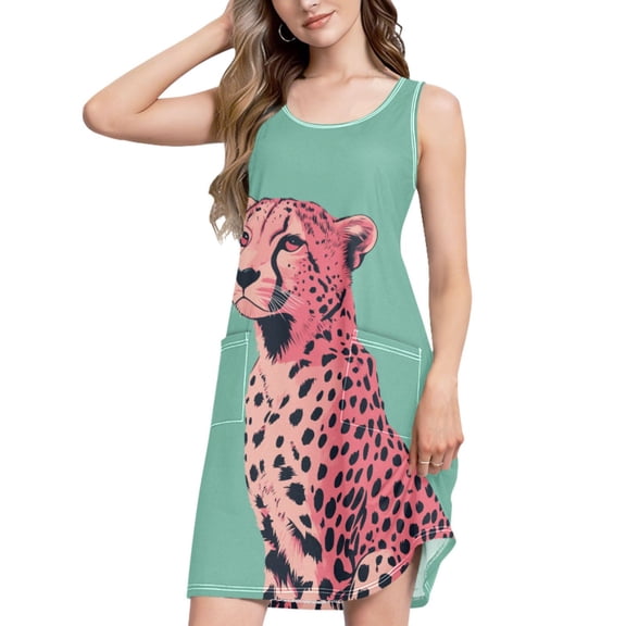 FORMRS Summer Dress for Women Loose U Neck Sleeveless Midi Beach Sundresses with Pockets, Big Pink Cheetah