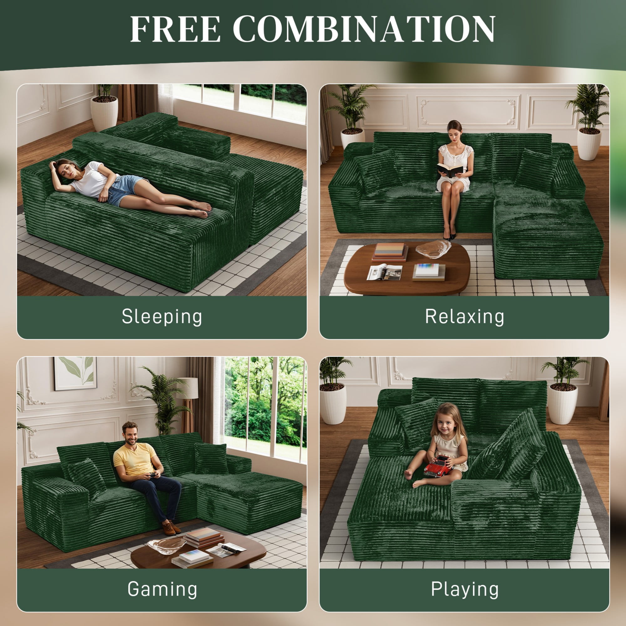 Aukfa 107" Cloud Modular Sectional Couch with Right-Facing Chaise, Corduroy Deep Seat Boneless Sofa for Living Room, Apartment, Emerald