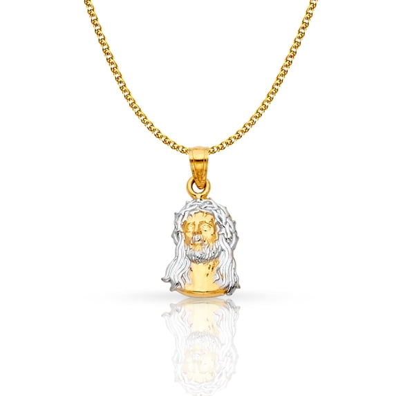 14K Two Tone Gold Jesus Face Pendant with 1.4mm Flat Open Wheat Chain Chain Necklace - 18"