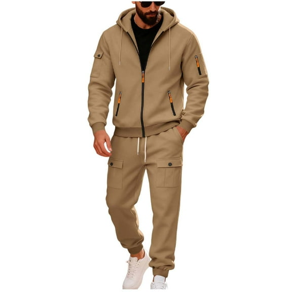 YueHuiYing Men's Athletic Sports Casual 2 Piece Solid Color Tracksuit Hoodie Jogger Drawstring Straight Leg Pants Sweatsuit Set