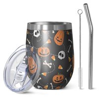12oz Stemless Wine Tumblers Halloween Pumpkin Skull Pattern Vacuum Insulated Stainless Steel Travel Tumbler Cups Mug with Lid and Straw for Champaign,Cocktail,Beer with Cleaning Brush