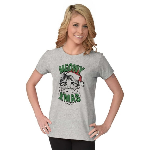 Cute Meowy Xmas Funny Santa Cat Pun Womens Slim Fit Graphic Tee Brisco Brands S