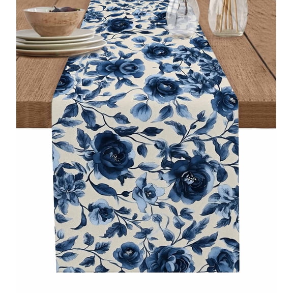 Navy Blue Botanical Peony Burlap Cotton Table Runner 13x72 Inches Long, Vintage Floral Blossom Farmhouse Table Runners, Outdoor Dining Tablecloths Decor for Baby Shower/Party/Wedding