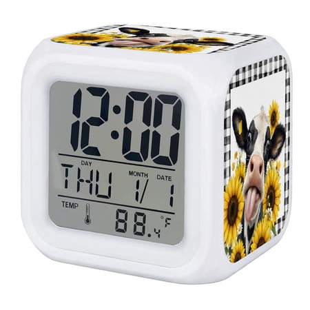 Alarm Clocks Farmhouse Cow Digital Clock 7 Color LED Night Light Silent Non-Ticking Battery Operated Sunflower Funny Animal Black Plaid Cube Clocks for Bedroom Bedside Living Room Office Decor