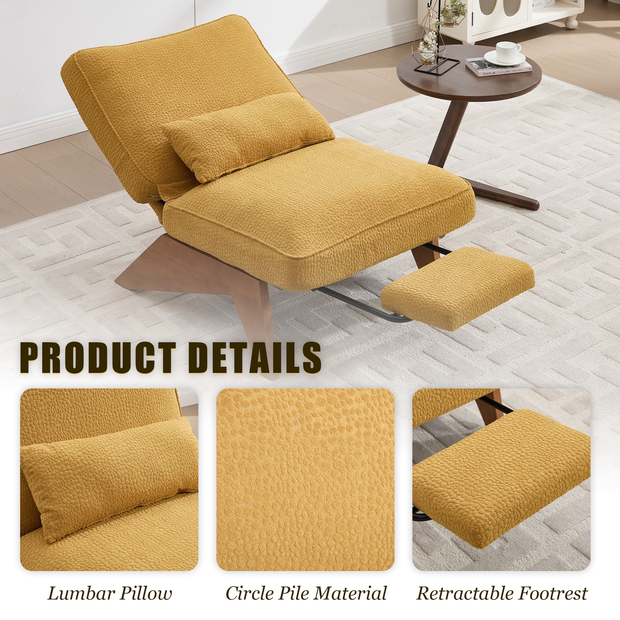 Homefun Modern Adjustable Lounge Chair with Footrest,Wooden Base Upholstered Recliner for Reading Rest Circle Fleece