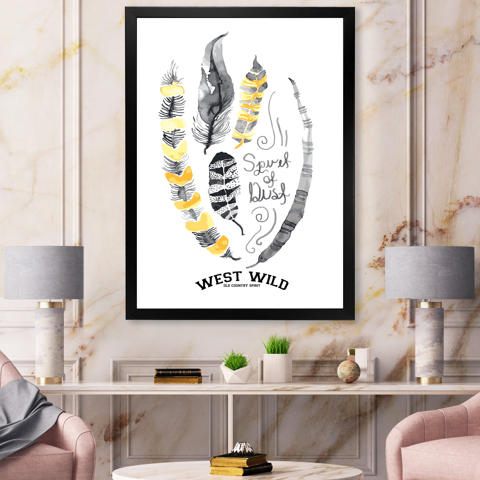 Designart 'Yellow Ethnic Plume Feathers On White' Bohemian & Eclectic Framed Art Print