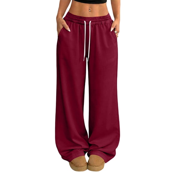 Resicozy Wide Leg Sweatpants Women Low Rise Baggy Pants Fall Fashion Lounge Lightweight Sweat Pants with Pockets Wine M