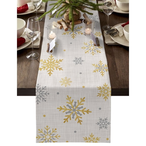 Hokiten Table Runners 120 Inches Long Dress Scarves, Christmas Farmhouse Coffee/Dining/Kitchen Table Runner for Living Room, Yellow Grey Winter Snowflake Rustic 13x120 Inch