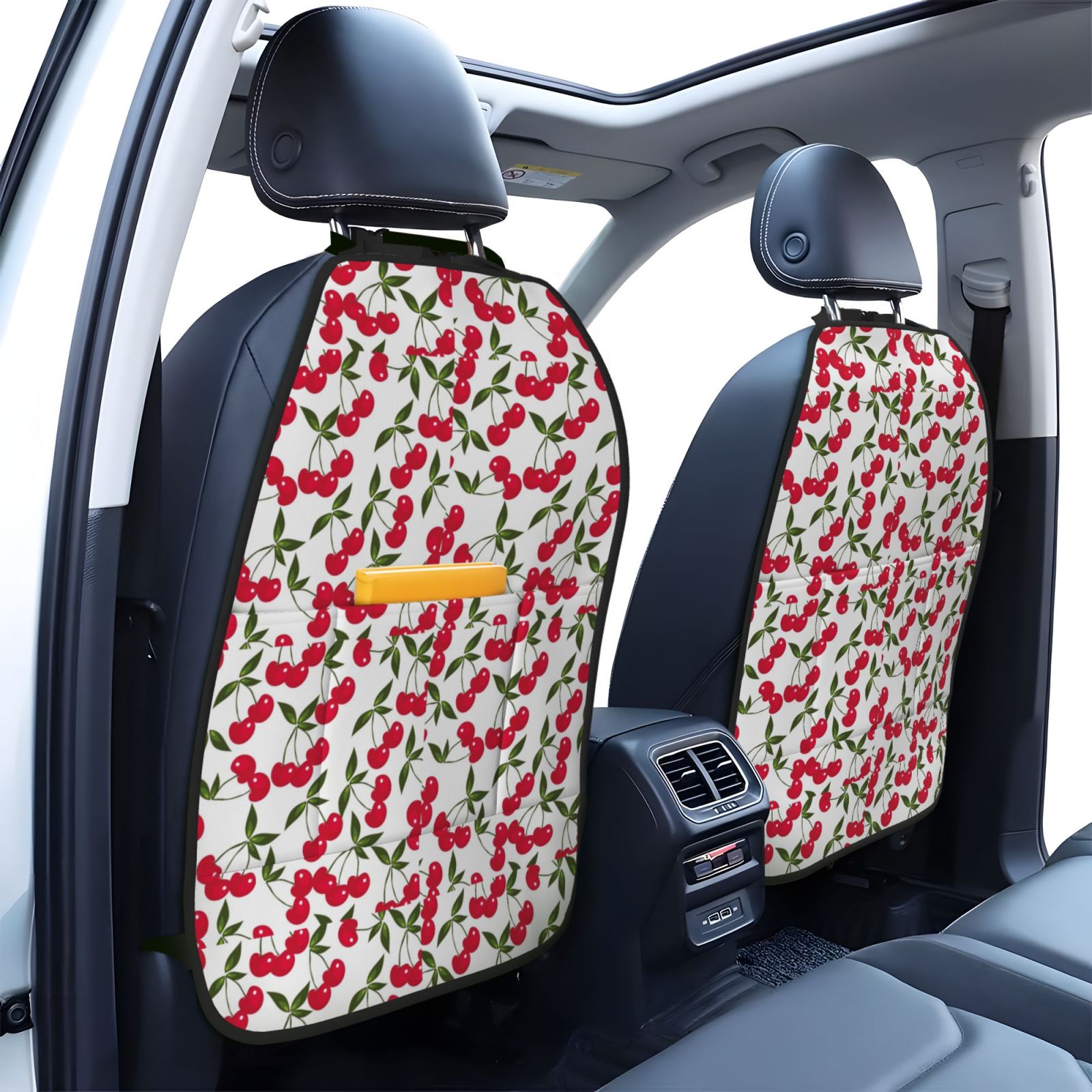 Kdxio Cherry_1 Print 2 Pack Car Kick Mat Seat Cover Back Protector Mat with Pockets for Organizer Backseat Protector and Storage Anti Kick Pad for Vehicles