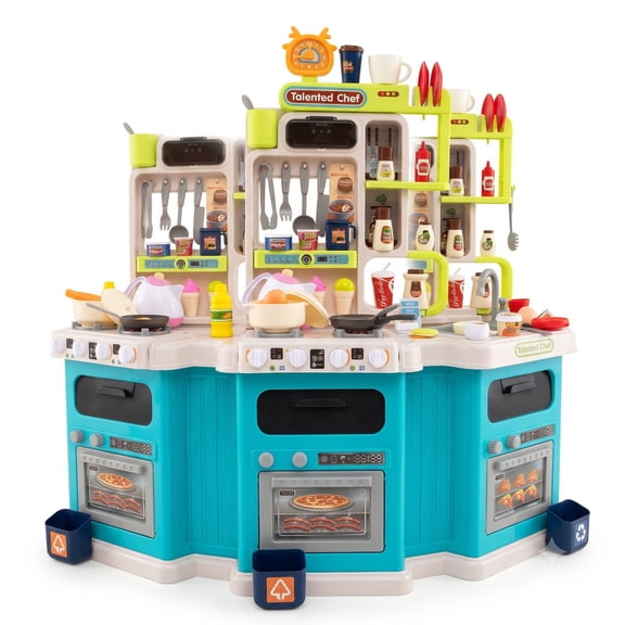 ALPULON Kids Corner Play Kitchen Set with Light Sound Steam and Running Water plus 113 Accessories for Toddlers Ages 3 and Up, Blue