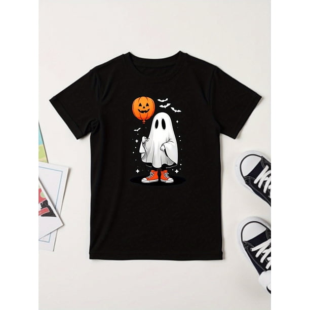 Youngsters' Halloween Graphic T-Shirt - Pumpkin & Ghost Design, elastic Fit for outdoor Play, Multiple Colors available, Youngsters'S Playwear, Casual Youngsters'S Wear