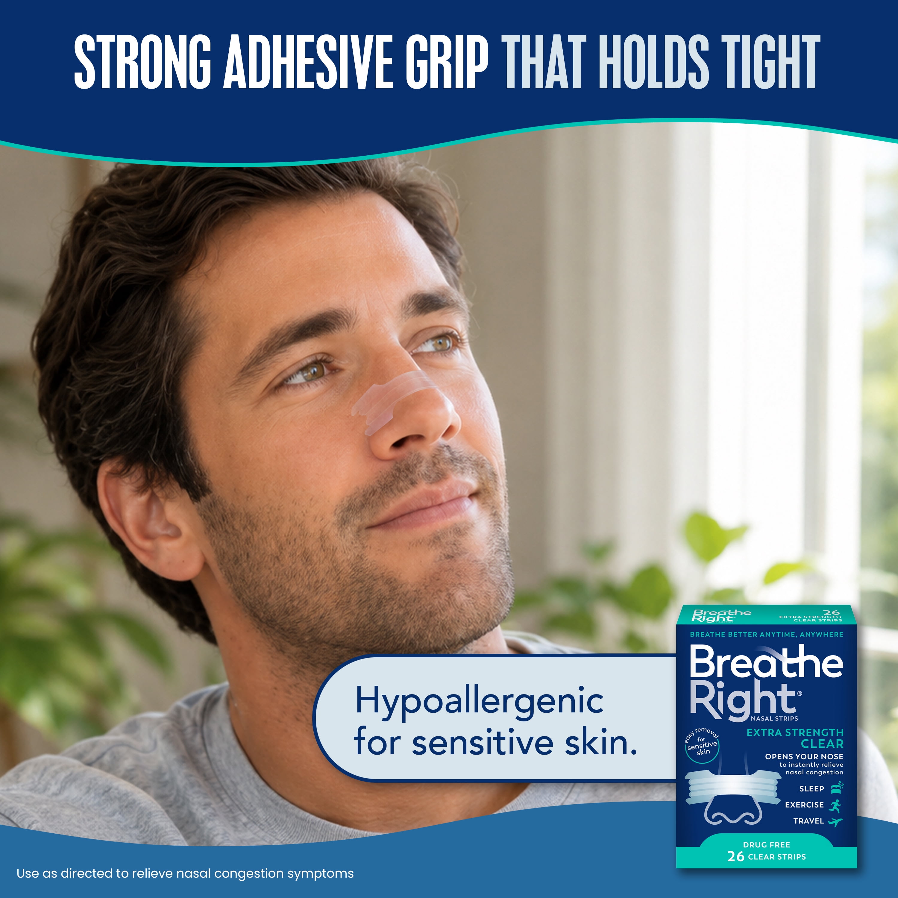 Breathe Right Nasal Strips, Clear Nasal Strips, Extra Strength, For Sensitive Skin, 26 Count