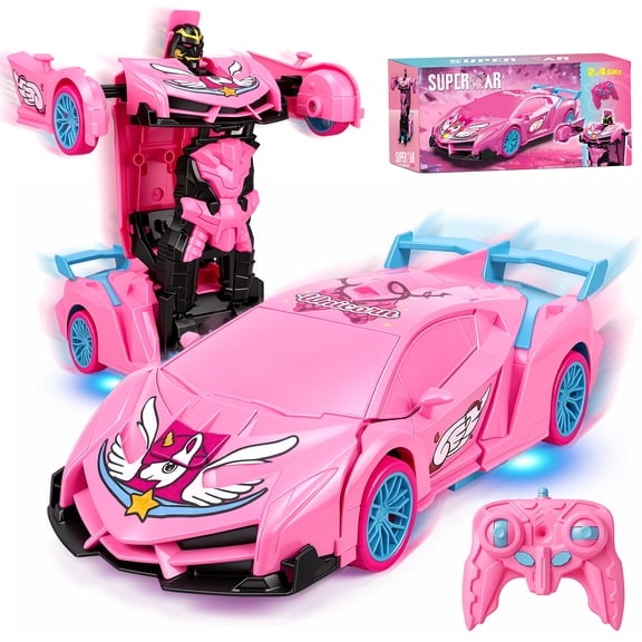 NEXKEX Transforming RC Car Robot with 2.4GHz Remote and LED Lights -Unicorn Pink, Toys for Kids