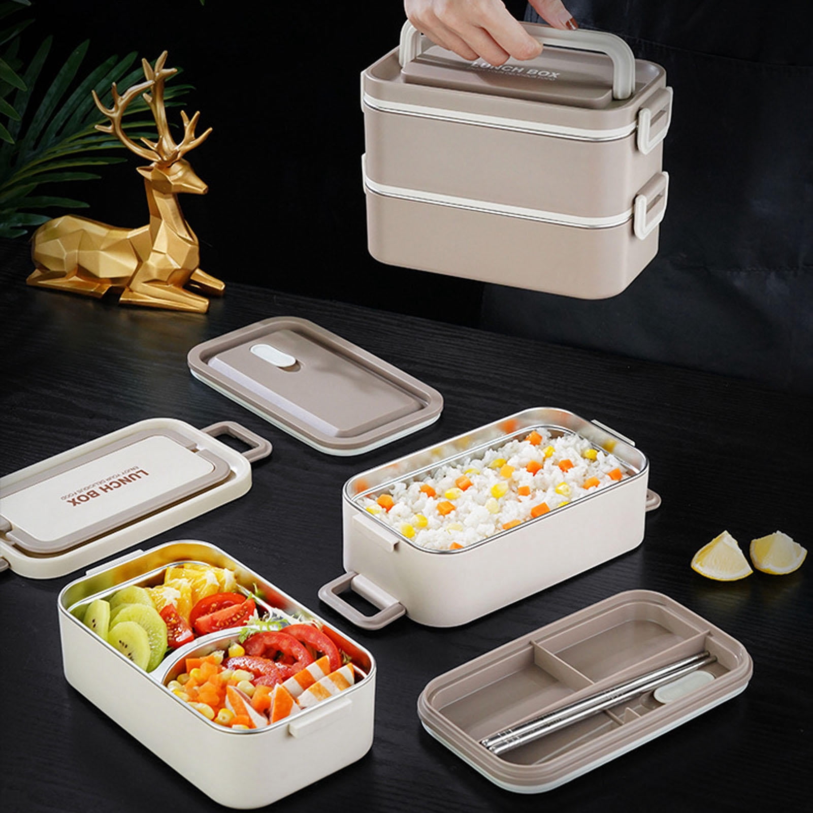 Yajisi 2-Tier Stackable Bento Box, 304 Stainless Steel Insulated Lunch Container, Leakproof Compartment, Light Apricot, 8.66 x 5.91 x 4.72 in