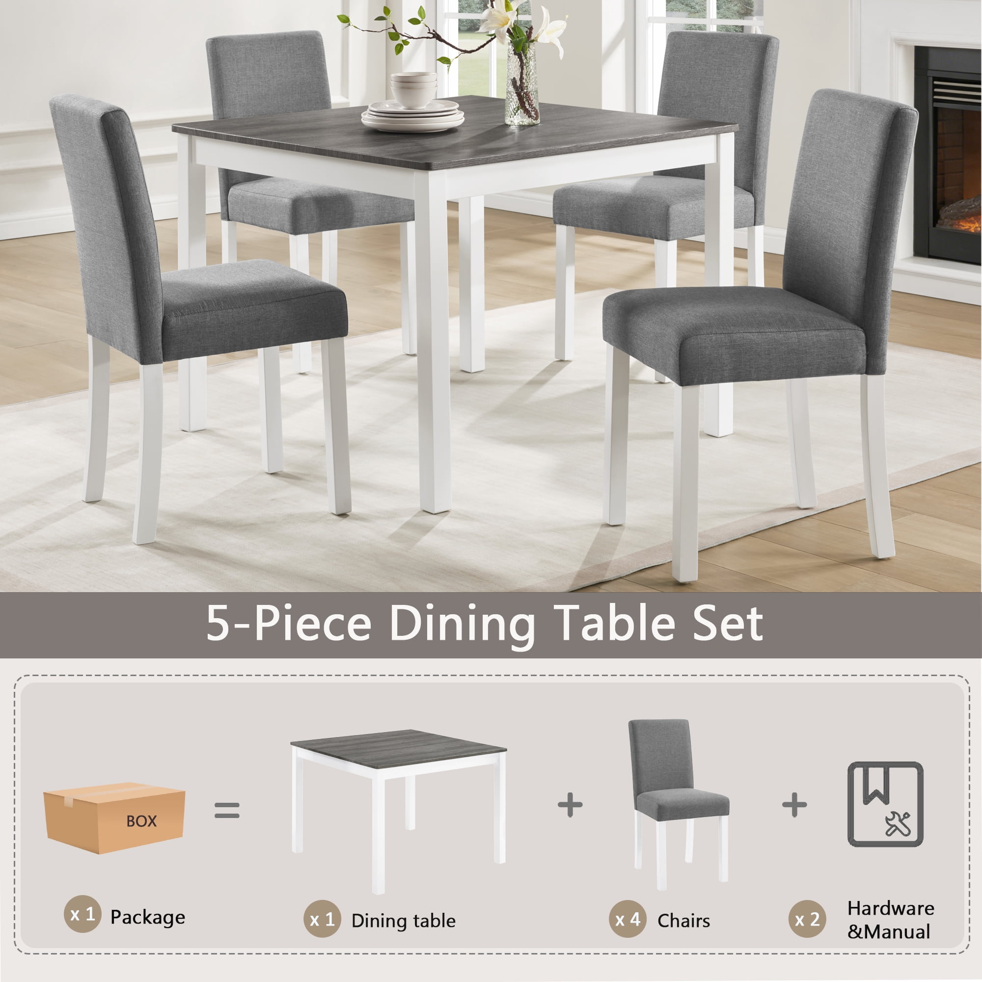 5-Piece Dining Table Set for 4, 39" Square Kitchen Table with 4 Fabric Chairs